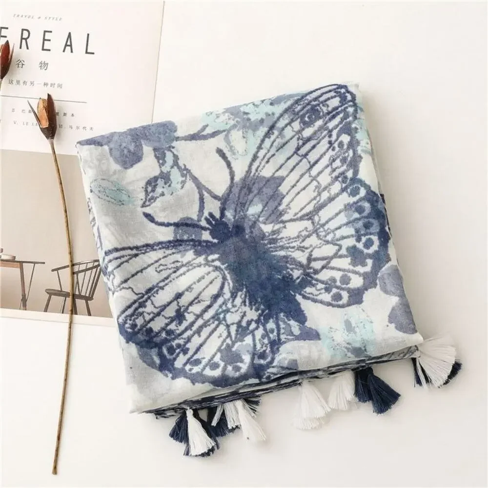 NEW Boho Butterfly Design Tasseled Rectangle Soft Chic Scarf Large Blue White